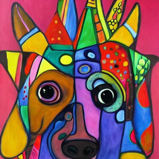 Prompt: painting of cute dog in style of friedensreich hundertwasser