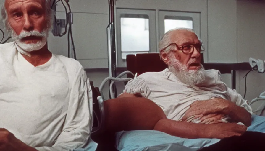 Prompt: 7 0 s movie still of a old man with a head on the chest in the hospital, cinestill 8 0 0 t 3 5 mm eastmancolor, heavy grain, high quality, high detail