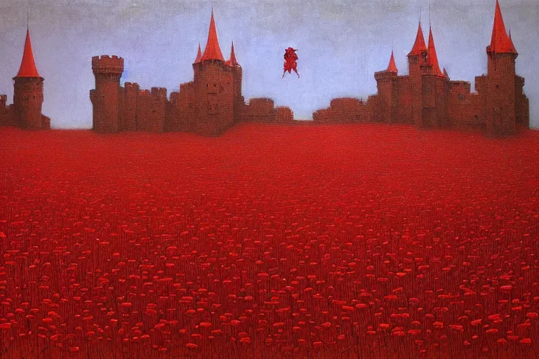 Image similar to only with red, red flowers of different types, a red tiger, a castle in the background, medieval demons dance over the flowers, an ancient path, in the style of beksinski, part by hopper, part by rodcenko, part by hofbauer, intricate composition, red by caravaggio, insanely quality, highly detailed, masterpiece, red light, artstation