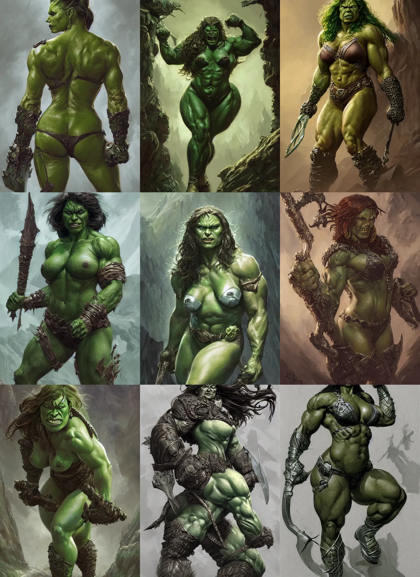 Prompt: very muscled Amazon green Orc as a ruggedly mean looking heroine, intricate, elegant, highly detailed, centered, digital painting, artstation, concept art, smooth, sharp focus, illustration, art by artgerm and donato giancola and Joseph Christian Leyendecker, WLOP