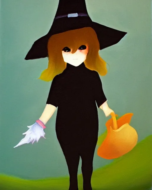 Prompt: witch little girl, minimalist oil painting, anime