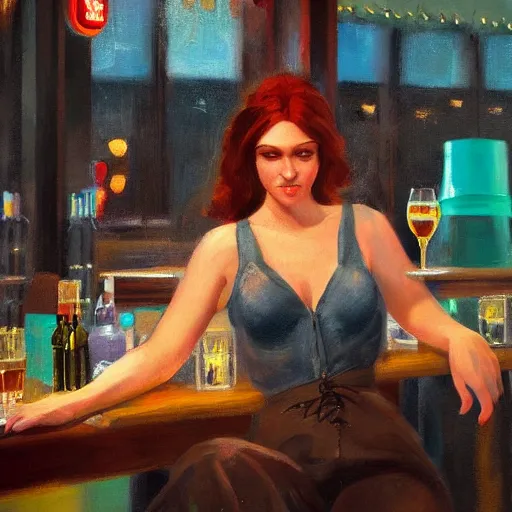 Image similar to a painting of a female drunk in a bar. by randolph hewton and edward robert hughes. trending on artstation, highly detailed, volumetric lightning, cinematic lightning