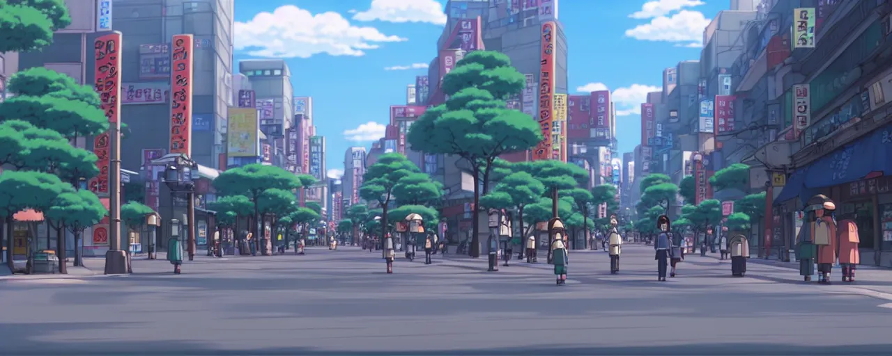 Image similar to A screenshot of the seoul city street in the scene in the Ghibli anime film, pretty rim highlights and specular