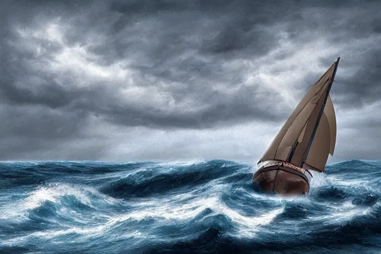 Prompt: large sailboat on a stormy sea hyperrealistic photo