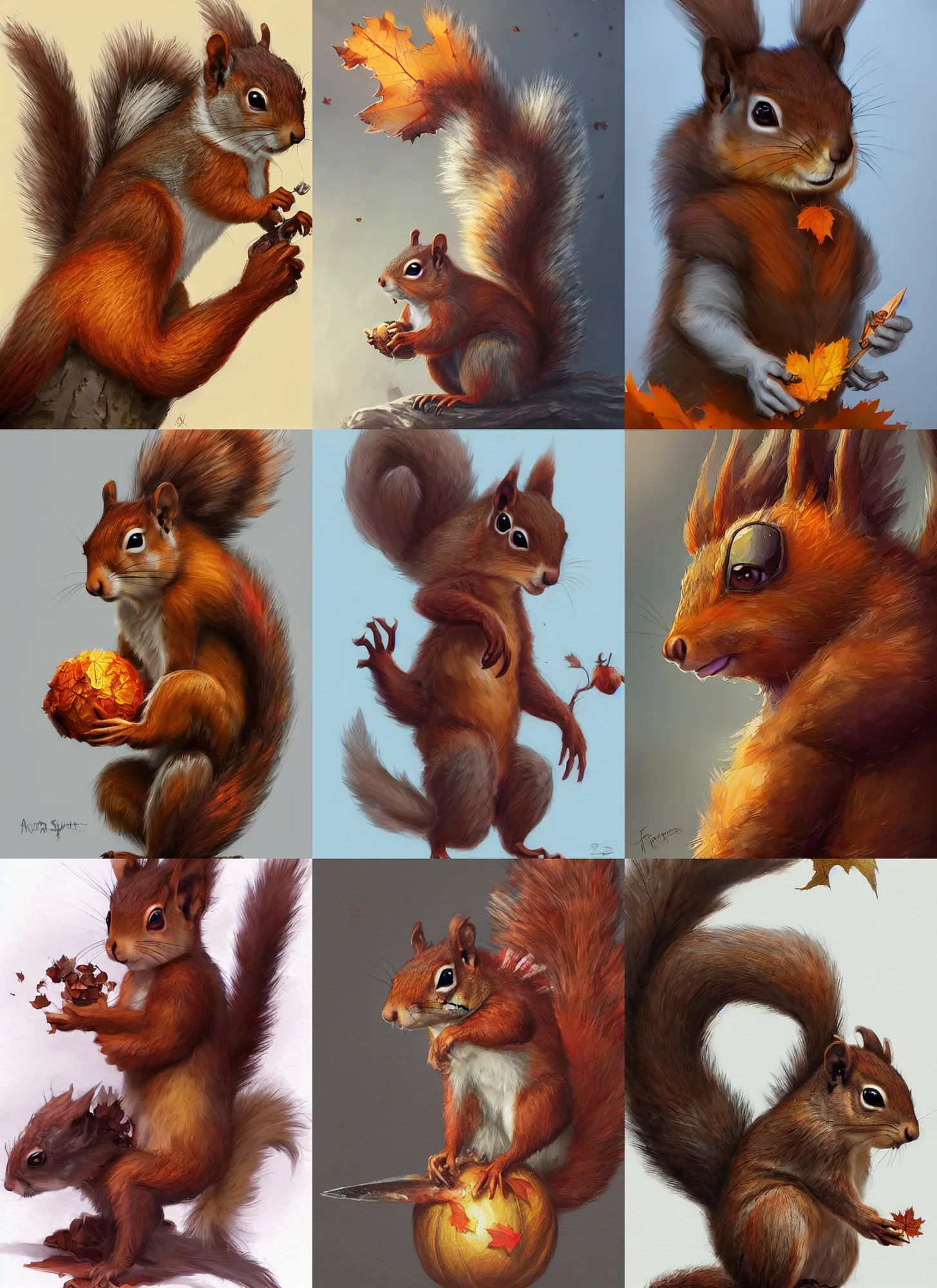 Prompt: cute autumnal squirrel monster, d & d, fantasy, portrait, highly detailed, digital painting, trending on artstation, concept art, sharp focus, illustration, art by artgerm and greg rutkowski and magali villeneuve