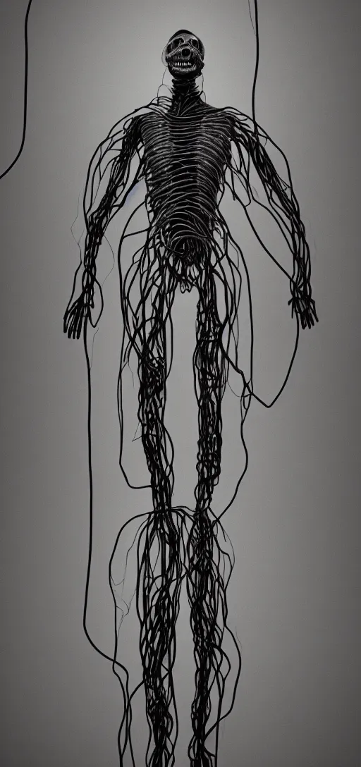 Image similar to human figure consumed by wires and machinery, scary, body horror, human bodies, disturbing, weird, creepy, 4K