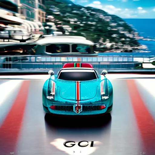 Image similar to 3 5 mm photo of gucci design car like hot wheels model, monaco background, epic cinematic