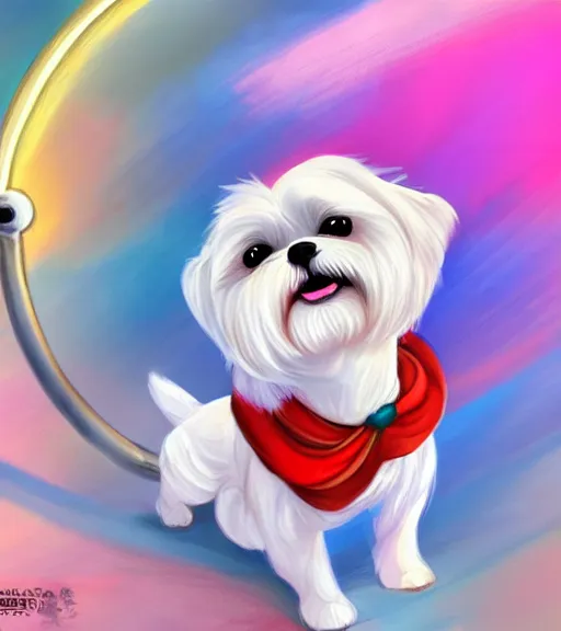 Image similar to small white maltese shihtzu mix dog riding merry - go - round smiling full color digital illustration in the style of don bluth, artgerm, artstation trending, 4 k
