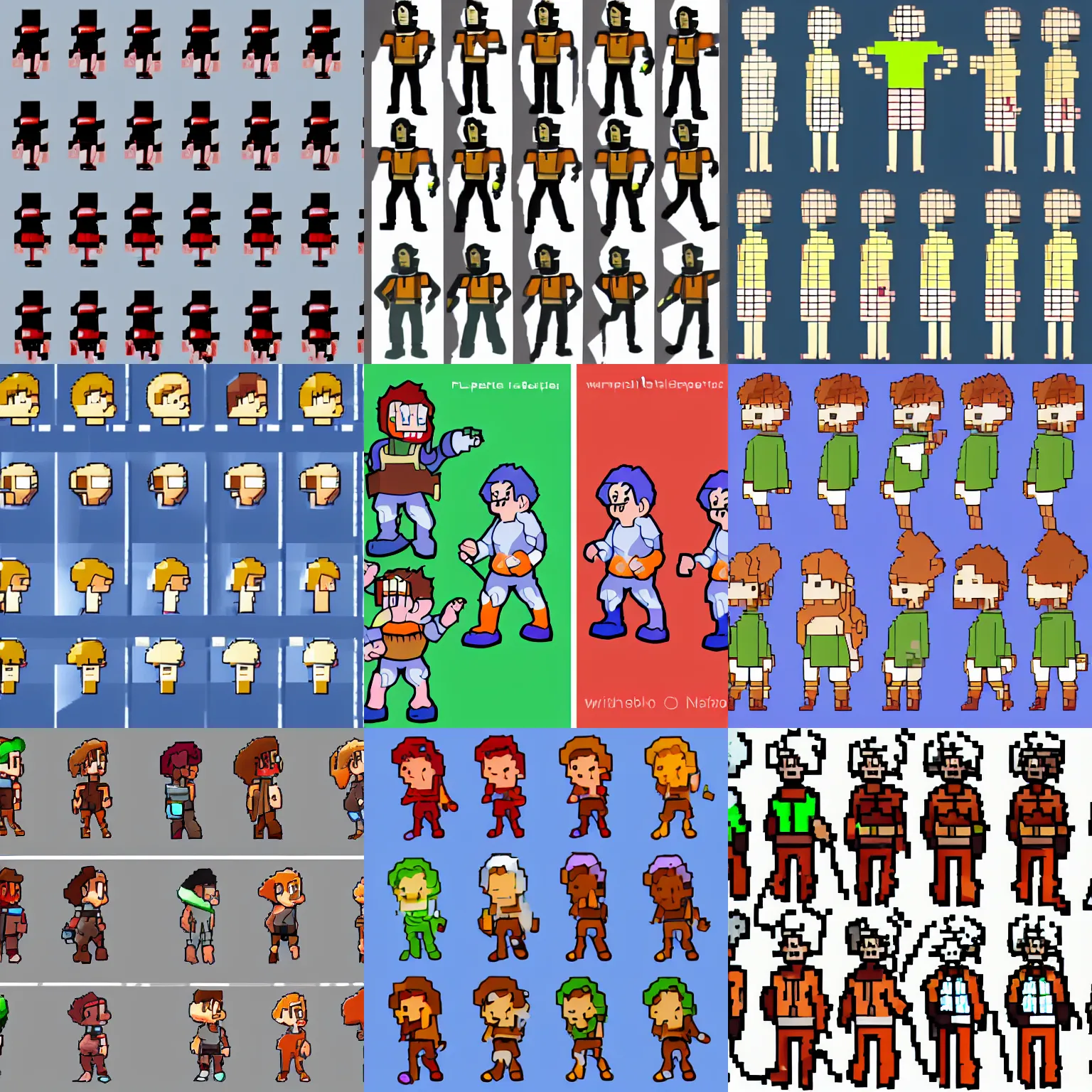 Prompt: animation sprite sheet, 6 sprites depicting a walking character
