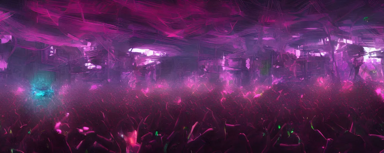 Image similar to Dystopian future, the DJ floats on a platform just above a huge crown of people dancing below to the Techno soundscape, lasers fill the scene with light of red, pink, green and purple, in the style of artgerm and greg rutkowski and alphonse mucha, concept art, ultra realism, photo realism, cgsociety, octane render, artstationHD, artstationHQ, unreal engine, 4k, 8k