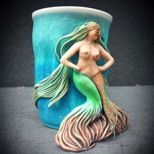 Image similar to a ceramic realistic mermaid sculpture mug, creative, beautiful, award winning design, functional, colorful