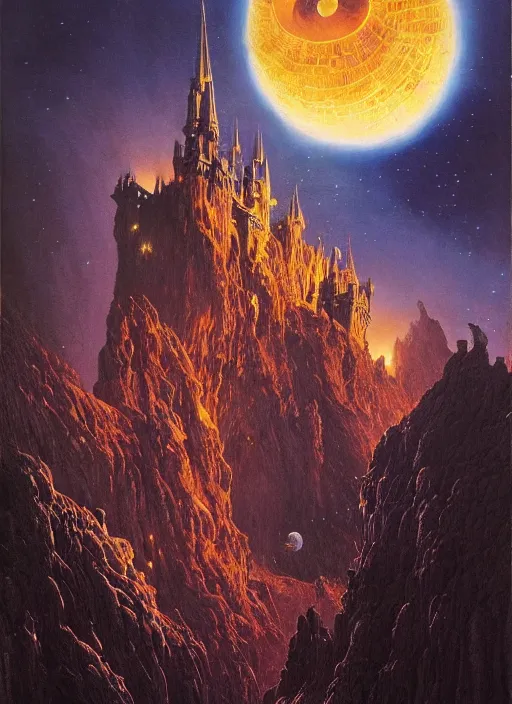 Image similar to giant gorgeous castle with a lot of small towers and spikes, deep night scene with a lot of fire and magical sky with two moons and a lot of stars. d & d, dark fantasy, gorgeous lighting, highly detailed, volumetric lights. by zdzisław beksinski and norman rockwell and greg rutkowski. weta studio, and lucasfilm