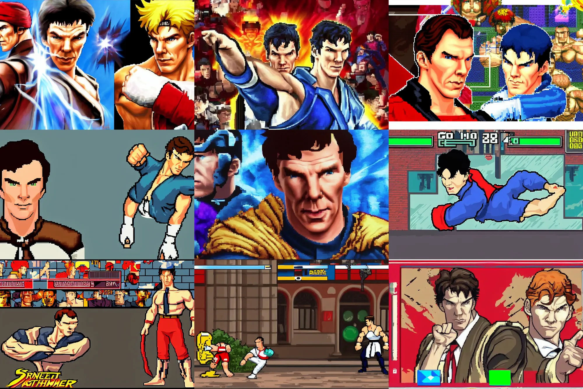 Prompt: a screenshot of benedict cumberbatch in the video game. street fighter 2. high quality pixel art. realistic. amazing likeness. very detailed. cartoon caricature.