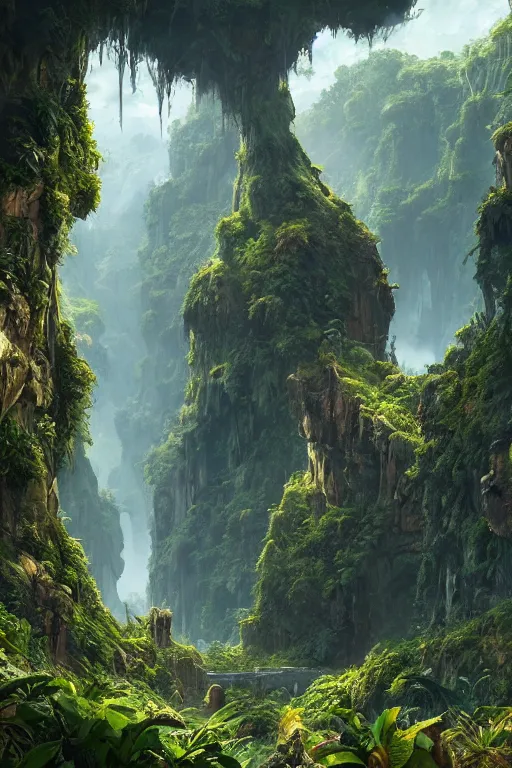 Image similar to the lost valley, rock arcs, lush vegetation, exotic forrest and plants, landscape, alex ross, eddie mendoza, raphael lacoste, sebastian ludke, concept art, matte painting, highly detailed, rule of thirds, dynamic lighting, cinematic, detailed, magnificiant landscape, denoised, centerd