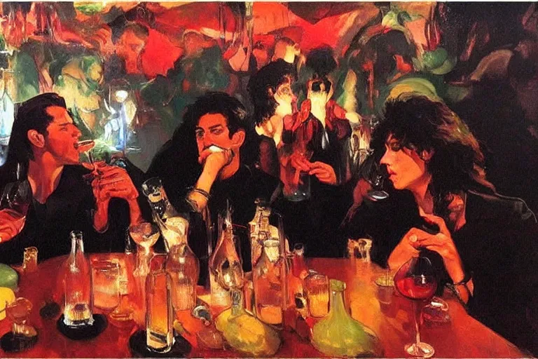 Image similar to glam rockers drinking brutal and raw wine, inside a green cave with red lights by joaquin sorolla, phil hale, extremely detailed, greek style