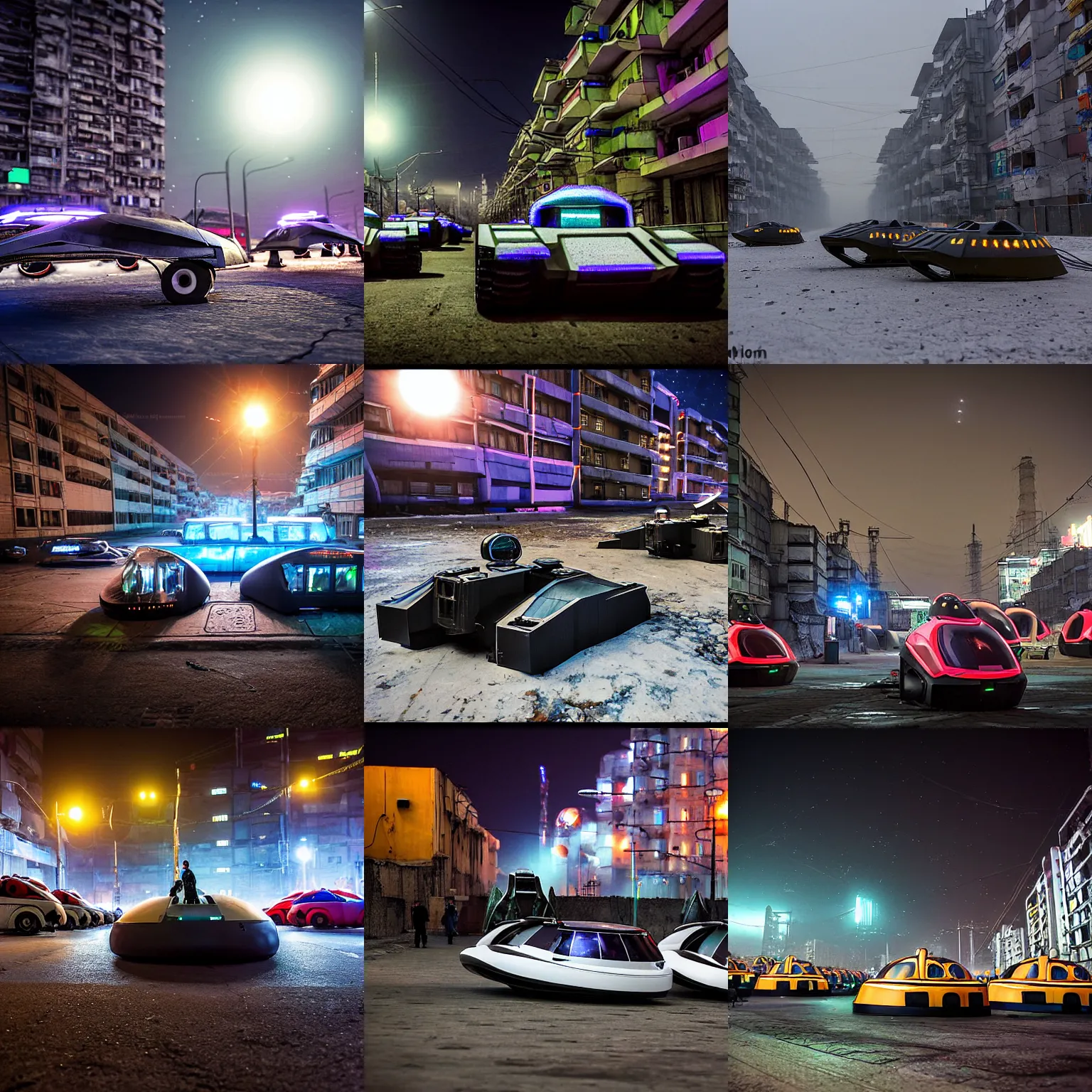 Prompt: tens of plasma hovercraft vehicles on the street in a Russian cyberpunk slum city called Neo Norilsk on the Moon, at night, diverse, lively, black sky full of stars, blinding sun, sci-fi, lots of flying cars, levitation, cyberpunk outfits, photorealistic, grainy, 35mm, intricate, very very beautiful, elegant, smooth, cinematic, Unreal Engine 5, by Beeple, trending on Artstation HD