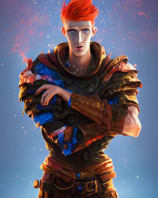 Prompt: an epic fantasy comic book style portrait painting of tall, thin, 1 5 - year - old boy with a long nose, a lot of freckles, fiery red hair, and bright blue eyes, unreal 5, daz, hyperrealistic, octane render, cosplay, rpg portrait, dynamic lighting