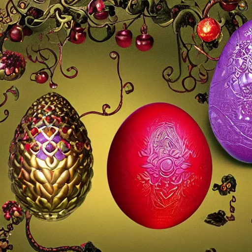 Prompt: a ornate detailed red and purple glowing egg, a faberge egg, an eggplant fruit still on the vine