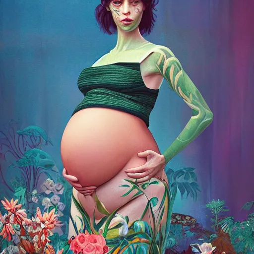 Image similar to pretty pregnant model with botanical : : by martine johanna and simon stalenhag and chie yoshii and casey weldon and wlop : : ornate, dynamic, particulate, rich colors, intricate, elegant, highly detailed, vogue, harper's bazaar art, fashion magazine, smooth, sharp focus, 8 k, octane render