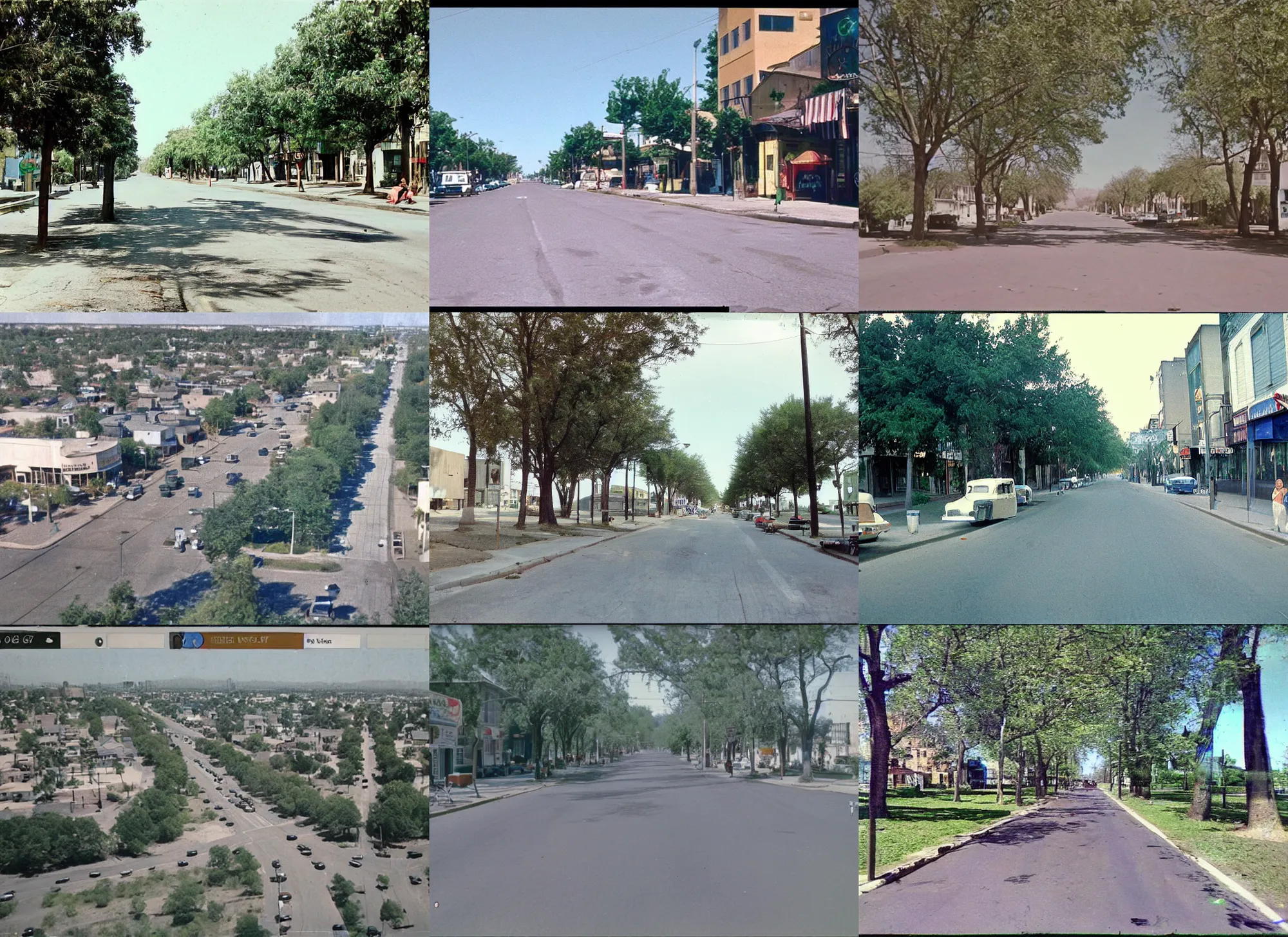 Prompt: google streetview screenshot of river side avenue in color from 1 9 6 7