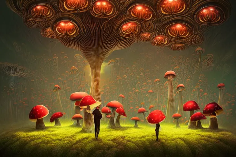 Image similar to a group of anthropomorphic mushroom circus performers portrait, Art Deco nature, fantasy, intricate art deco mushroom designs, elegant, highly detailed fractals, sharp focus, art by Artgerm and beeple and Greg Rutkowski and WLOP