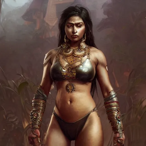 Image similar to painting of a muscular dark nepali female, bikini armour, big eyes, fat, ultra realistic, concept art, intricate details, eerie, highly detailed, photorealistic, octane render, 8 k, unreal engine. art by artgerm and greg rutkowski and alphonse mucha