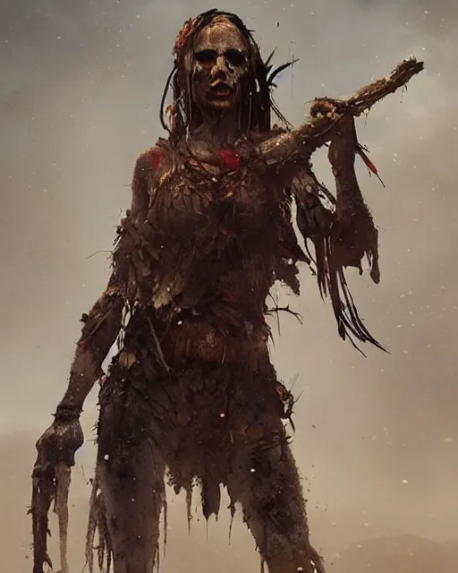 Prompt: hyper realistic photo of postapocalyptic cannibal scavenger shaman woman, full body, cinematic, artstation, cgsociety, greg rutkowski, james gurney, mignola, craig mullins, brom,