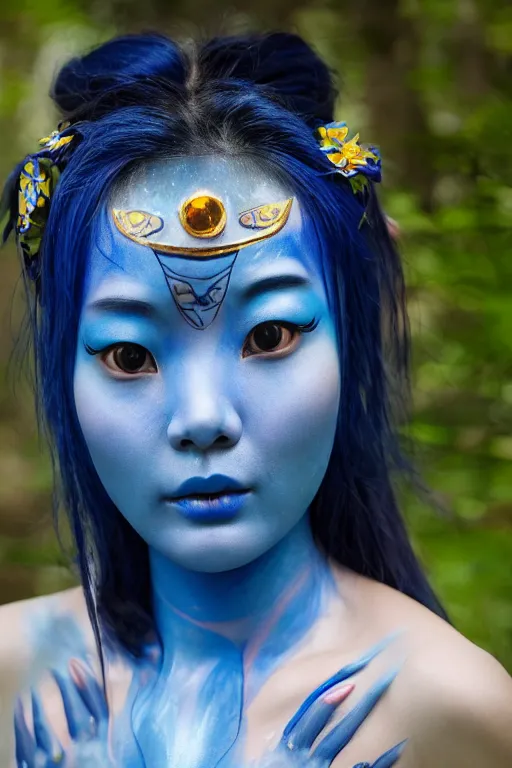 Prompt: a korean woman dressed as a blue-skinned female navi from avatar standing in a forest, blue body paint, high resolution film still, 8k, HDR colors, cosplay, outdoor lighting, high resolution photograph, photo by bruce weber, beautiful symmetric face, beautiful gazing eyes