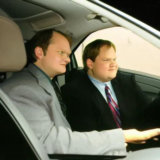 Image similar to 1 9 9 8 andy richter wearing a black wool coat and necktie in his car driving through the streets of chicago at night, pov back seat of car, cozy atmosphere