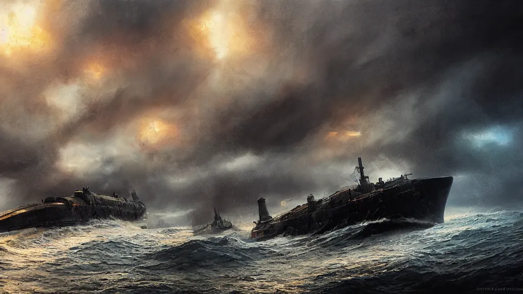 Image similar to soviet submarine destroyed by giant squid, stormy ocean, intricate, detailed, volumetric lighting, sharp focus, scenery, digital painting, highly detailed, concept art, ruan jia, steve mccurry