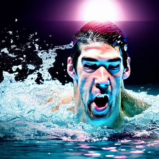 Prompt: michael phelps swimming in the pacific ocean, closeup, portrait, moonlit, dark, ominous, illustration, volumetric light, highly detailed