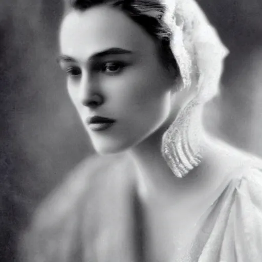 Image similar to edwardian photograph of a mix of keira knightley and grace kelly, 1 9 0 0 s, 1 9 1 0 s, grainy, slightly blurry, faded, realistic face, elegant, graceful, vintage hollywood star