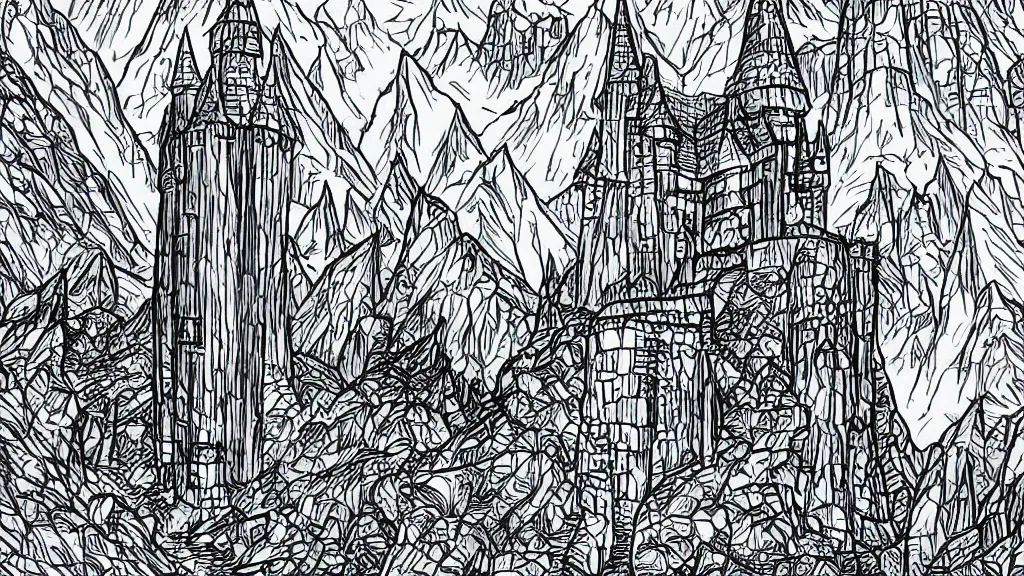 Image similar to wizard tower surrounded by mountains, lineart colored