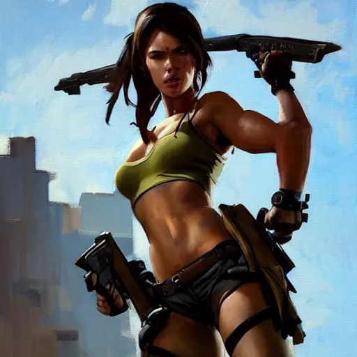 Image similar to greg manchess portrait painting of partially armored lara croft as overwatch character, close - up shot, asymmetrical, profile picture, organic painting, sunny day, matte painting, bold shapes, hard edges, street art, trending on artstation, by huang guangjian and gil elvgren and sachin teng