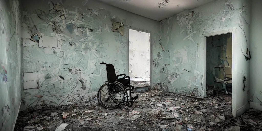Prompt: abandoned psychiatric ward with paint peeling of the walls, dirty floor, broken wheelchair, at night, photography