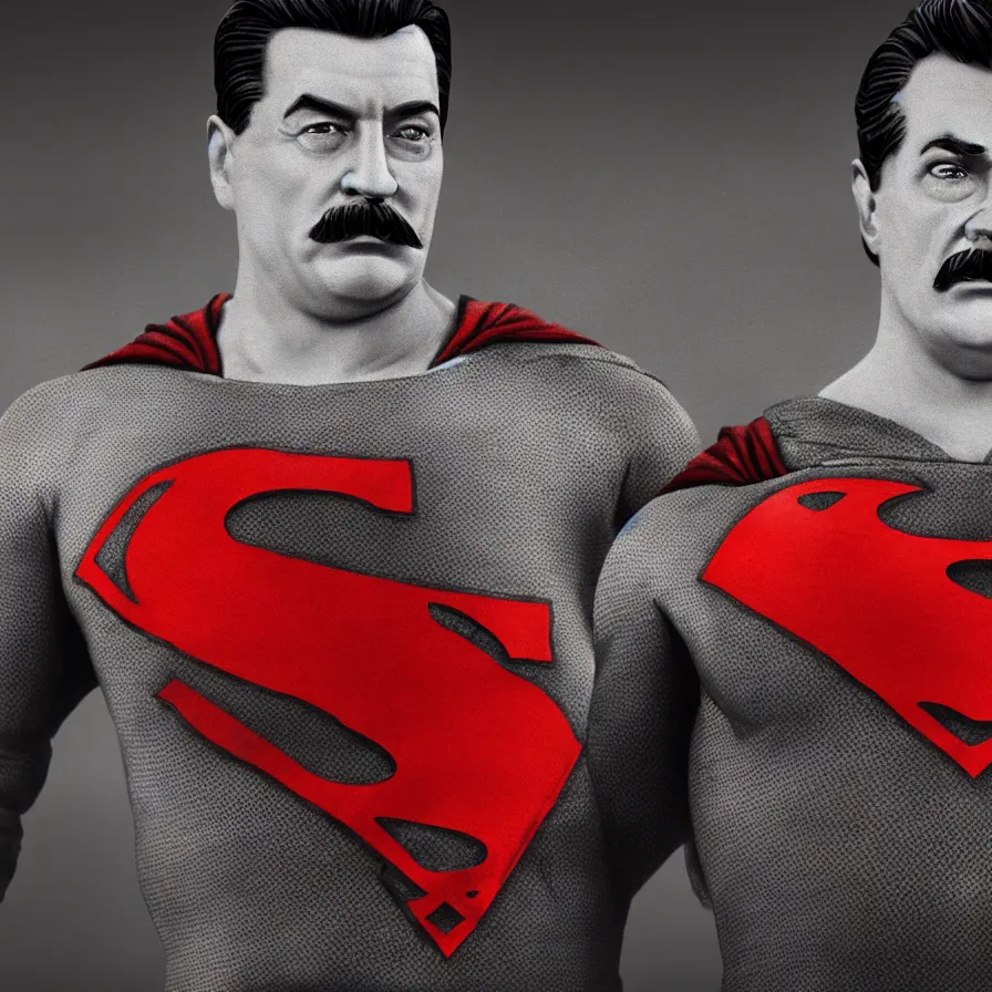 Image similar to stalin as superman, red son, socialist realism, sovietwave aesthetic, red hammer and sickle logo on chest, groundbreaking, award winning, breathtaking, superb, hyperrealistic, detailed picture, intricate digital art, trending artstation, 8 k, unreal engine 5, octane render, vfx, volumetric lighting, rich moody colors, fan art, concept art