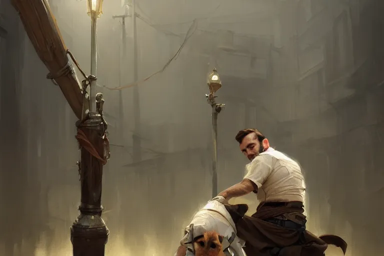 Prompt: a man tied to a pole, jack russel terrier pissing on him, highly detailed, digital painting, artstation, concept art, smooth, sharp focus, illustration, cinematic lighting, art by artgerm and greg rutkowski and alphonse mucha