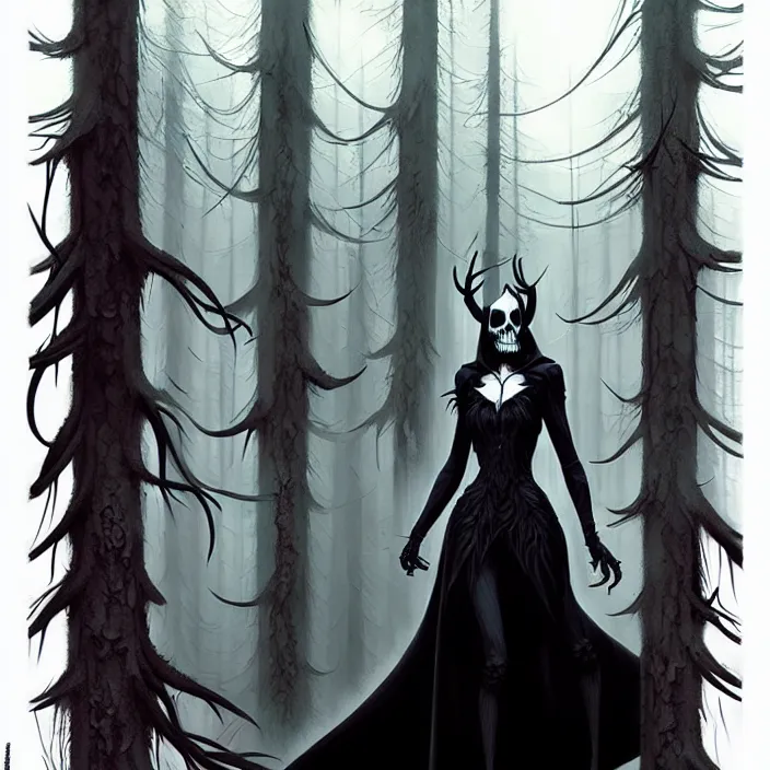 Prompt: style artgerm, joshua middleton, steve niles, gerald brom, scary wendigo with antlers and skull face mixed with werewolf, beautiful witch wearing a black dress on the right side, in the forest, detailed, dark and foggy, cinematic lighting