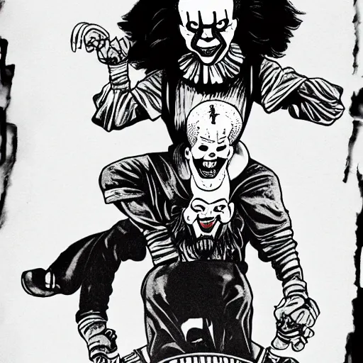 Image similar to pennywise the clown riding on danny trejo's back in a mystical void