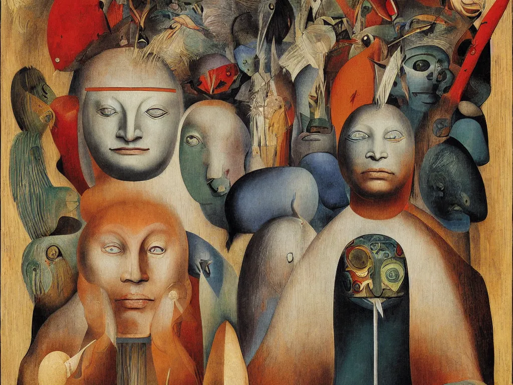 Prompt: Portrait of albino mystic with blue eyes, with wooden old shamanic totemic African archaic mask, sculpture. Painting by Bosch, Audubon, Rene Magritte, Agnes Pelton, Max Ernst, Walton Ford