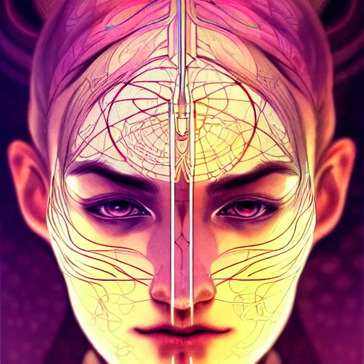 Prompt: Chakra Diagram Face, glowing lines, detailed, intricate, elegant, highly detailed, digital painting, artstation, concept art, smooth, sharp focus, illustration, art by Krenz Cushart and Artem Demura and alphonse mucha