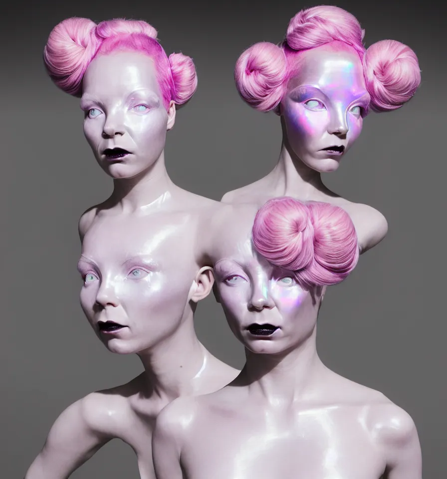 Prompt: portrait of a alien futuristic goddess wearing an art nouveau iridescent beauty mask and pink hair buns, wearing a black bodysuit by alexander mcqueen, cream white background, soft diffused light, biotechnology, humanoid robot, perfectly symmetric, bjork aesthetic, translucent, by rineke dijkstra, intricate details, highly detailed, masterpiece,