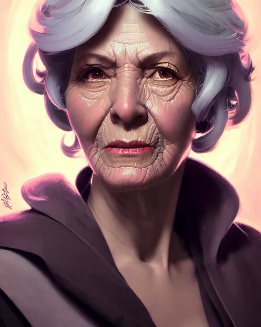 Image similar to ana from overwatch, older woman, gray hair, character portrait, portrait, close up, highly detailed, intricate detail, amazing detail, sharp focus, vintage fantasy art, vintage sci - fi art, radiant light, caustics, by boris vallejo