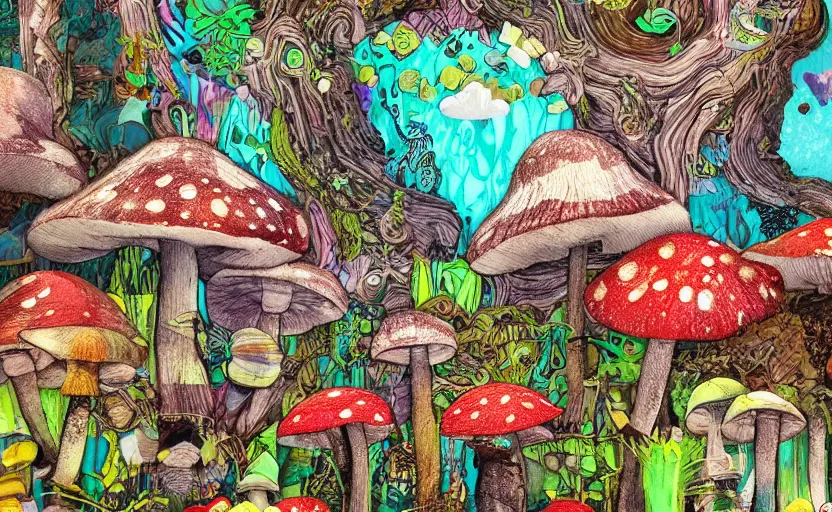 Prompt: hyperdetailed mushroom wood, seen from the distance at night. along a maximalist river made of paper and unexpected interesting fabric elements. 8 x 1 6 k hd mixed media 3 d collage in the style of a childrenbook illustration in pastel neon tones. shiny matte background no frame hd