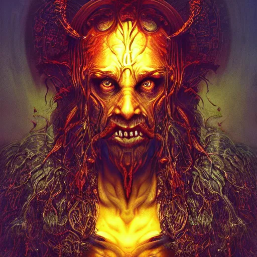 Image similar to Photorealistic demonic god in the style of Michael Whelan and Gustave Dore. Hyperdetailed photorealism, 108 megapixels, amazing depth, glowing rich colors, powerful imagery, psychedelic Overtones, 3D finalrender, 3d shading, cinematic lighting, artstation concept art