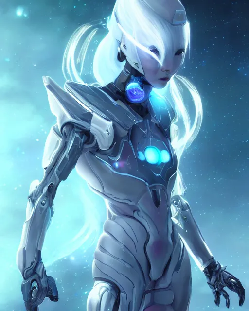 Image similar to perfect android girl on a mothership, warframe armor, beautiful face, scifi, futuristic, galaxy, nebula, raytracing, dreamy, long white hair, blue cyborg eyes, sharp focus, cinematic lighting, highly detailed, artstation, divine, by gauthier leblanc, kazuya takahashi, huifeng huang