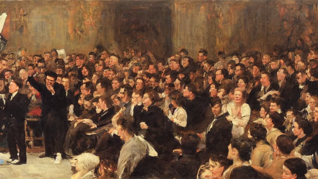 Image similar to Stewart Lee performs stand up to an angry audience, oil on canvas, by Juan Luna