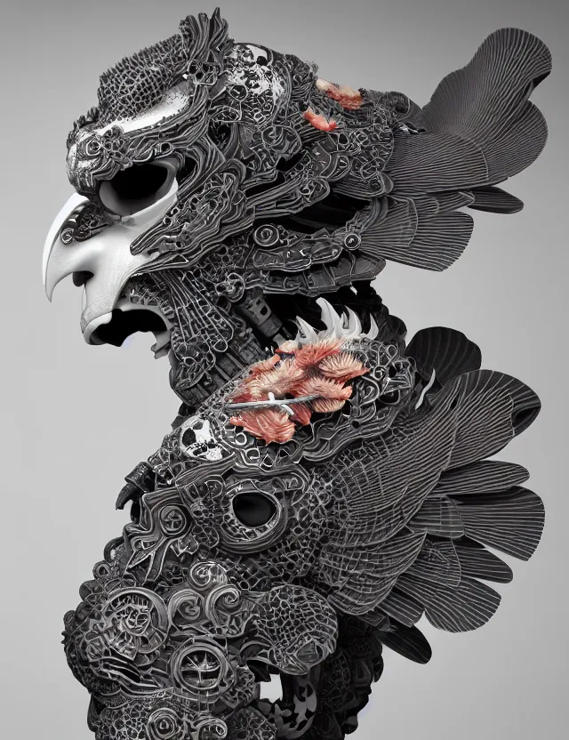 Image similar to 3 d goddess close - up profile portrait biomechanics with ram skull. beautiful intricately detailed japanese crow kitsune mask and clasical japanese kimono. betta fish, jellyfish phoenix, bio luminescent, plasma, ice, water, wind, creature, artwork by tooth wu and wlop and beeple and greg rutkowski