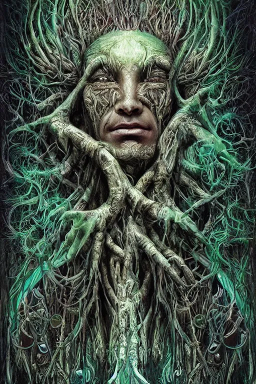 Image similar to 8k overdetailed maximalist ent darkfantasy art by oleksandra shchaslyva cinematic symmetric portrait of an ancient ent god emperor. Centered, uncut, unzoom charachter illustration. Ayahuasca visual manifestation. Surreal render, ultra realistic, zenith view. Inspired by giger feat peter gric and bekinski. Overpainted by salviadroid. Slightly Decorated with Sacred geometry and fractals. Extremely ornated. artstation, cgsociety, unreal engine, ray tracing, detailed illustration, hd, 4k, digital art, overdetailed art. Intricate omnious visionary darkscifi fantastic realism concept art. complementing colors. Trending on artstation, deviantart