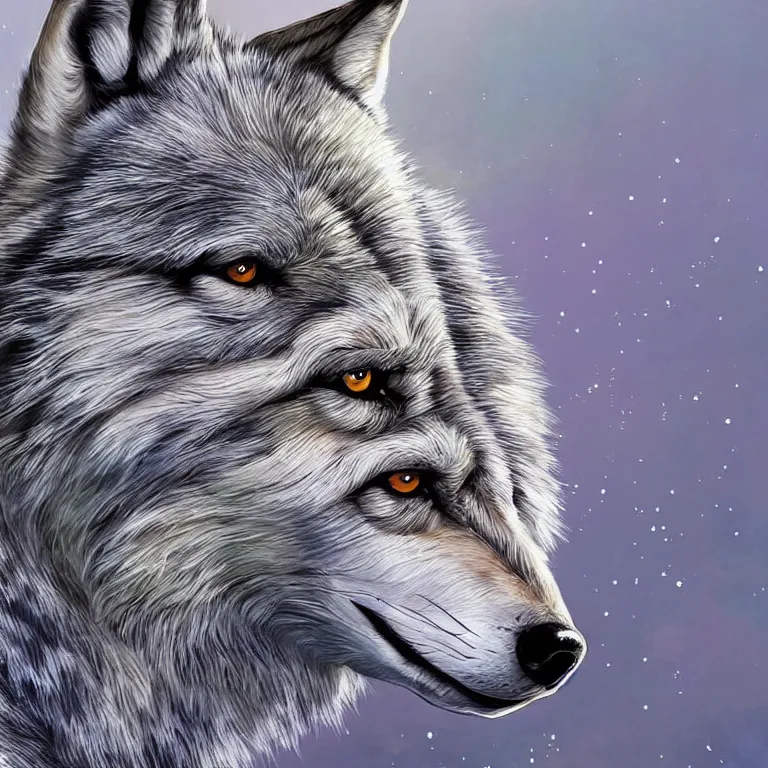 Image similar to Majestic wolf on the heath. Rough brushstrokes. Beautiful detailed scene. Interesting natural colour scheme. Beautiful artistic digital painting by Lurid (2022)